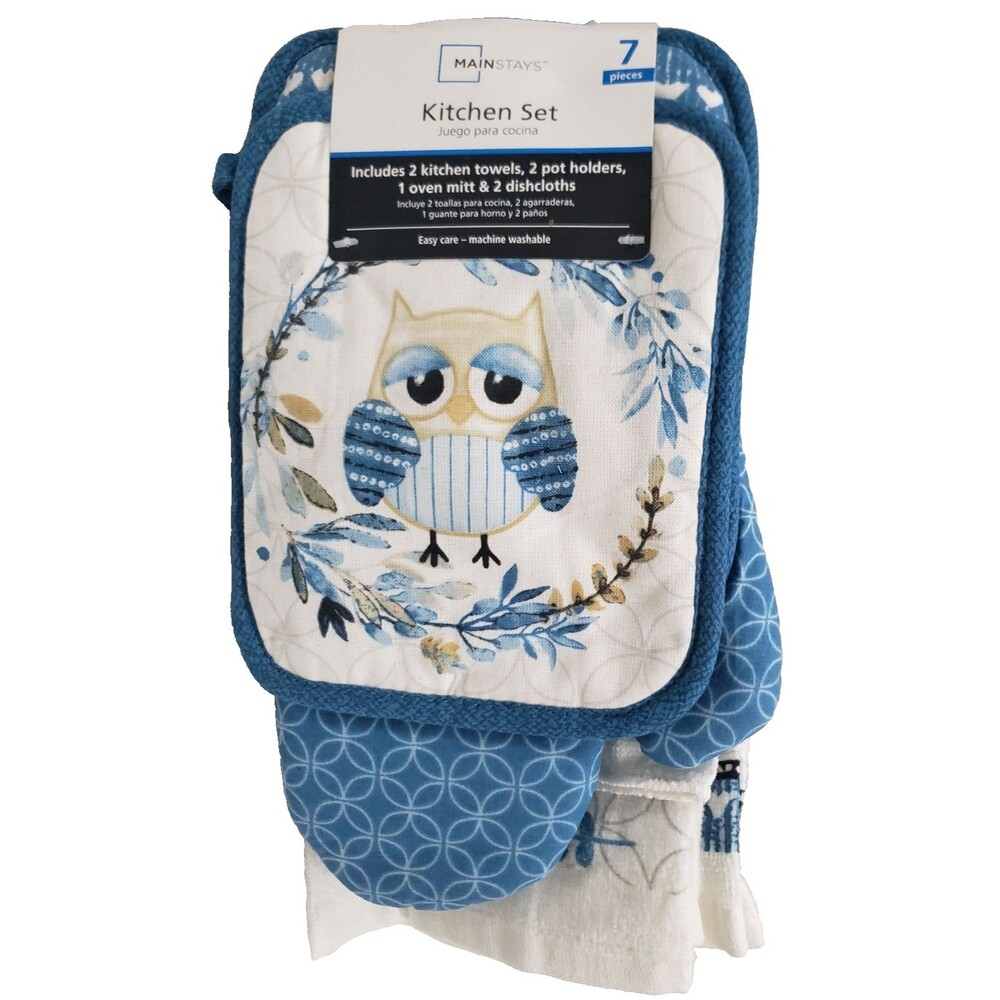 7pc Kitchen Set: 2 Pot Holders, 1 Oven Mitt, 2Dishcloths & 2 Towels,CUTE OWLS,MS